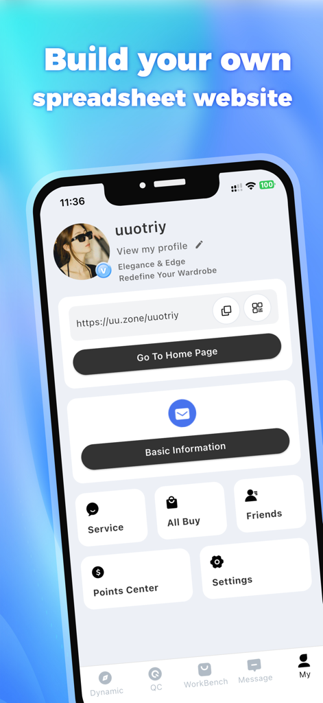 UUFinds - UUFinds mobile app interface showing a custom user profile and the option to build a shopping spreadsheet website.