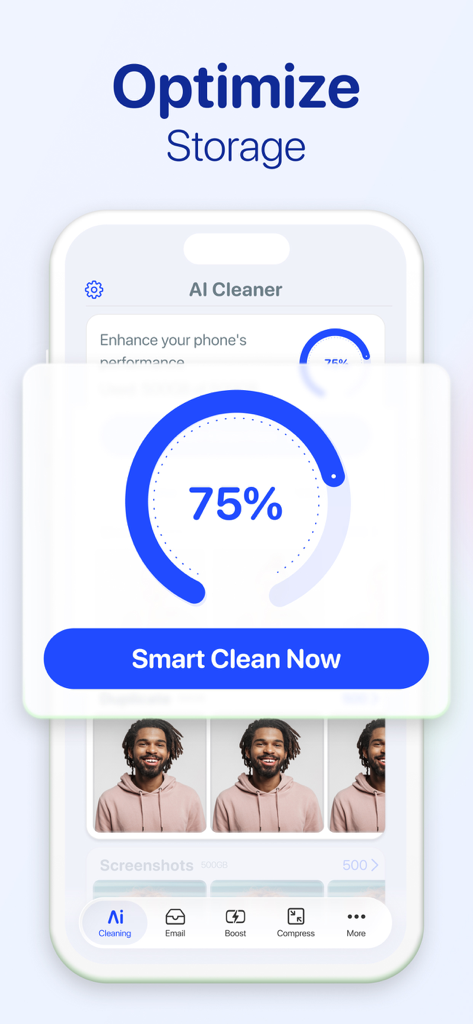 AI Cleaner mobile interface featuring storage optimization progress and a smart clean button