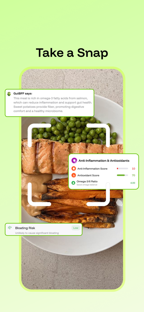 GutBFF app interface showing AI meal analysis for gut health with inflammation and antioxidant scores