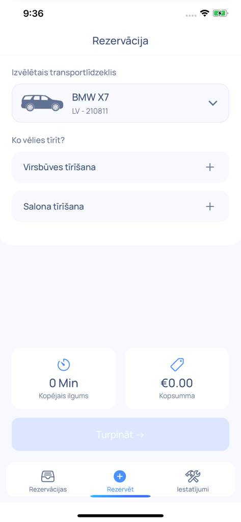 WashCar - WashCar mobile app booking screen showing vehicle selection for a BMW X7 and car cleaning service options