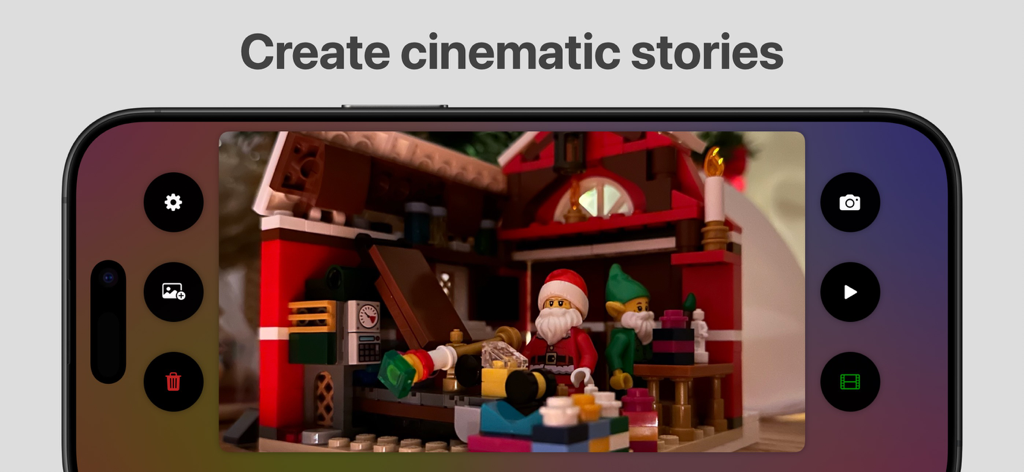 Stop Motion Stitcher - Stop Motion Stitcher app interface showing a Lego animation scene with Santa and an elf in a workshop