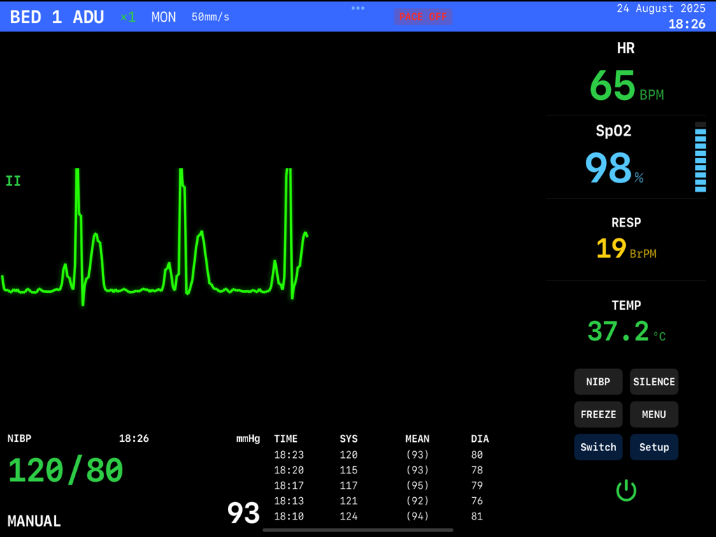 EKG Simulator - Interfaz realista de monitor de paciente de hospital con ritmo cardíaco verde y signos vitales médicos