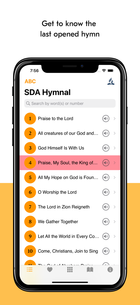 SDA Hymns - A numbered list of hymns in the SDA Hymns mobile application.