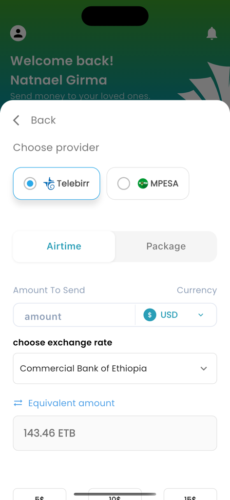 Arif Remit - Mobile app interface for choosing a provider like Telebirr or MPESA to send airtime with exchange rate calculation