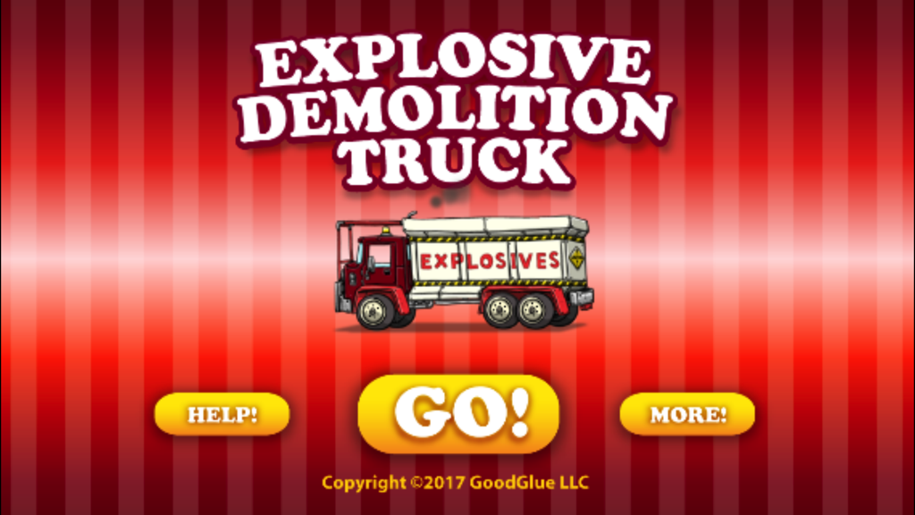 Explosive Demolition Truck game title screen with cartoon explosives truck and go button