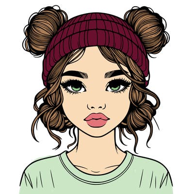 realistic girl with buns in her hair with a beanie on