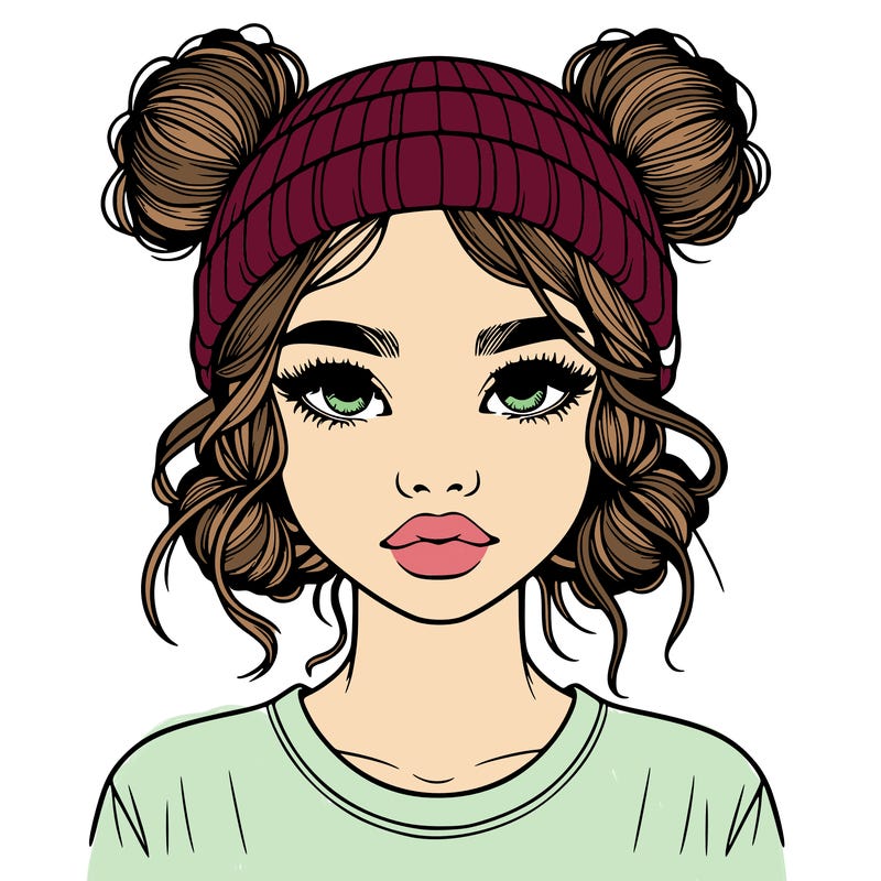 realistic girl with buns in her hair with a beanie on