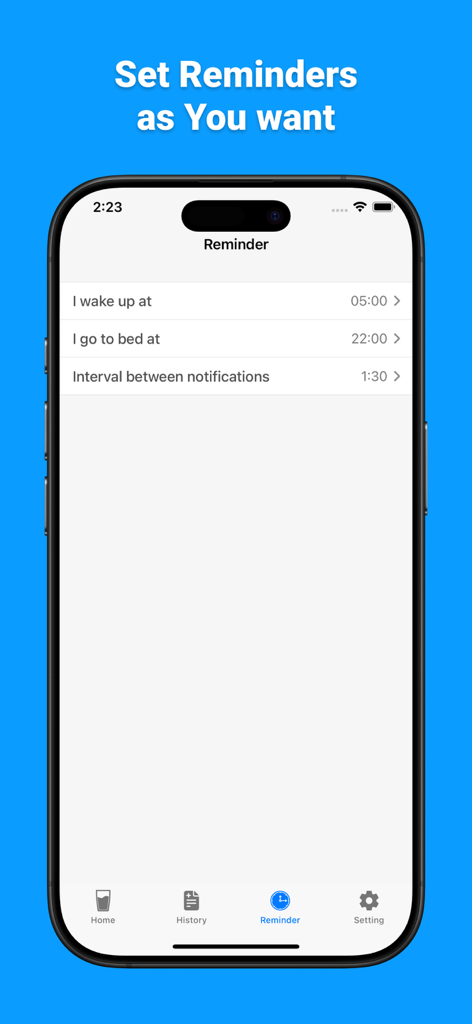 Drink Water Tracker N Reminder - Uma tela de aplicativo móvel intitulada Lembrete mostrando configurações para hora de acordar, hora de dormir e intervalos de notificação.