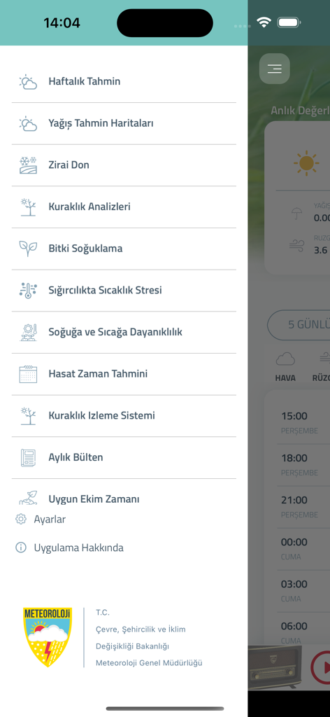 Tarımsal Hava Tahmini - Side menu of the Agricultural Weather Forecast app showing various farming features like harvest timing and drought analysis