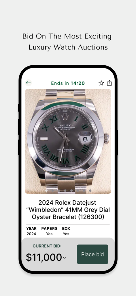 Grailzee app interface showing a luxury Rolex Datejust Wimbledon auction with a current bid and place bid button
