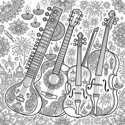 Discover a unique coloring experience featuring an array of string instruments beautifully integrated with Diwali festival motifs. Adorned with diyas, fireworks, and intricate patterns, this page offers a captivating blend of music and celebration.