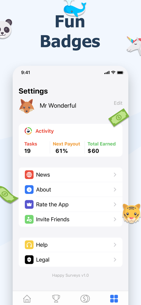 Happy Surveys – Easy Cash App - Settings screen of the Happy Surveys app showing user earnings and activity status