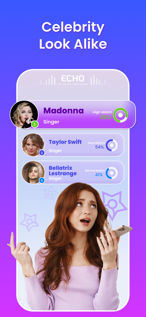Echo ai: Voice Analyzer, Clone - Interface of the Echo AI app showing celebrity voice similarity matches for Madonna and Taylor Swift