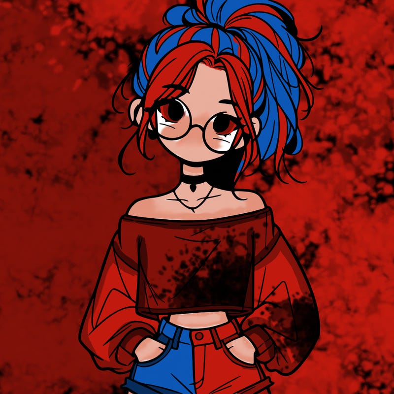 girl with a messy ponytail glasses a baggy crop top and jean shorts