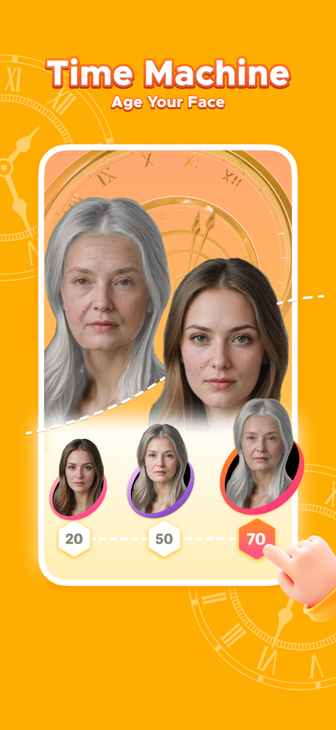 Soul Insight - AI Face Aging - A smartphone screen showing the AI face aging feature of the Soul Insight app, demonstrating a woman's appearance at ages 20, 50, and 70.