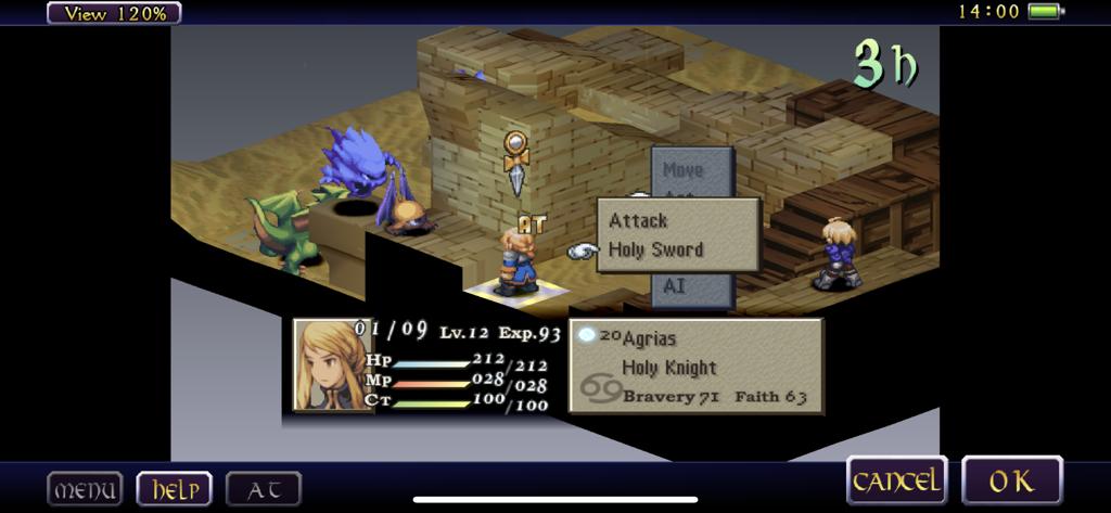 FINAL FANTASY TACTICS :WotL - Ein taktischer rundenbasierter Kampf in Final Fantasy Tactics War of the Lions, der Agrias zeigt, wie sie den Befehl "Heilige Klinge" wählt.
