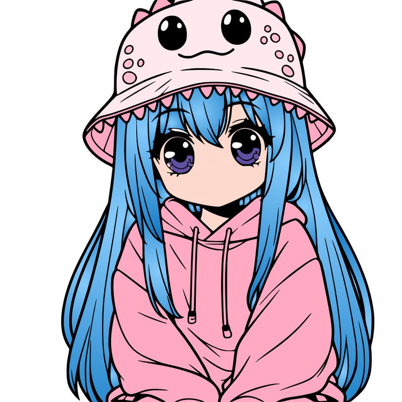 girl with anime shaped eyes with a dinosaur bucket hat oversized sweatshirt long straight hair