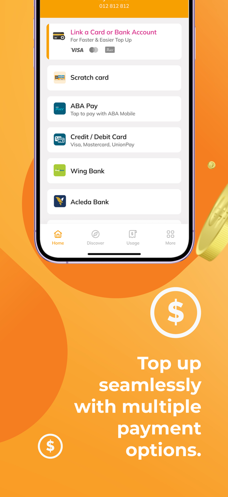 Cellcard app screen showing various payment options for mobile top up