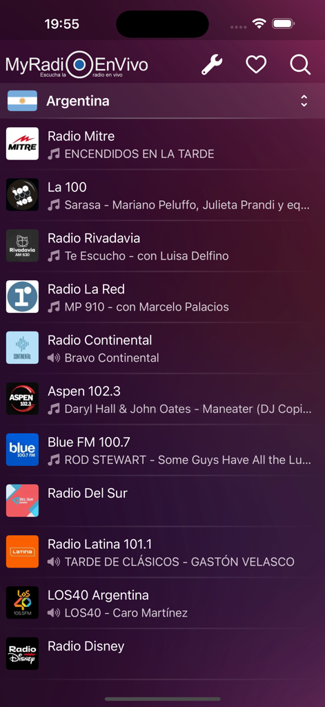 Interface do aplicativo MyRadioEnVivo mostrando uma lista de rádios argentinas ao vivo, incluindo Radio Mitre e La 100