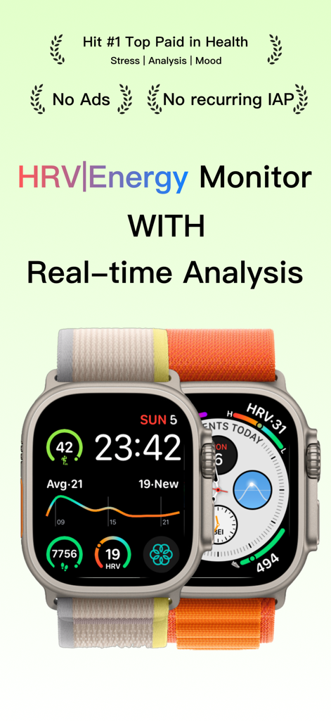 Apple Watch face displaying StressBook HRV and body energy levels with real-time analysis