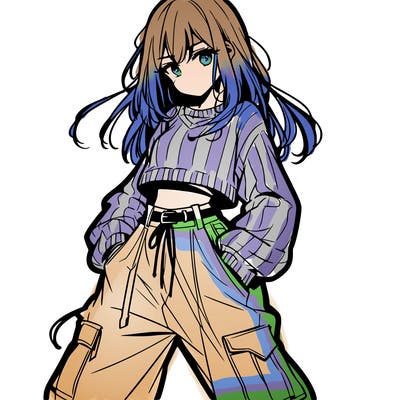 anime teen girl with baggy pants and crop top with sweater