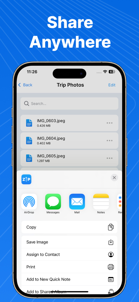 Zip- und RAR-Extraktor-App zeigt die Funktion 'Überall teilen' mit iOS-Share-Menüoptionen für Dateien.
