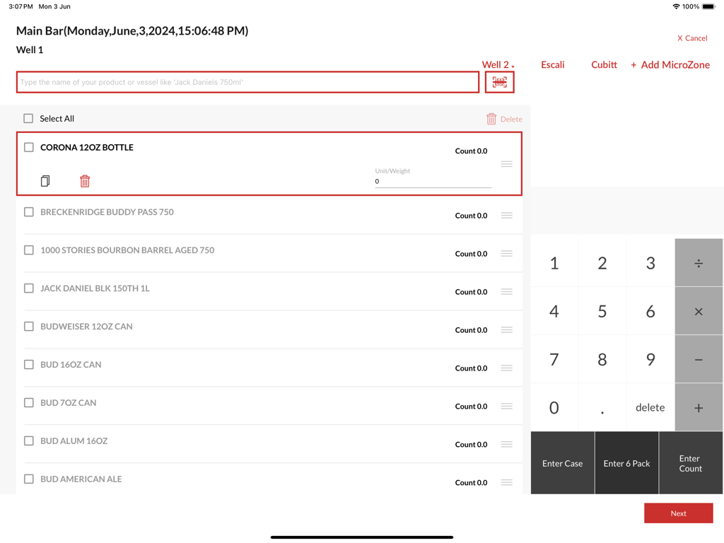 Bar-i App-Oberfläche auf einem iPad zur Verfolgung der Bar-Inventur mit einer Produktliste und einem numerischen Eingabefeld