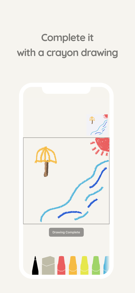 Interface do aplicativo ENIKKI drawing diary mostrando uma ilustração de giz de cera de uma cena de praia