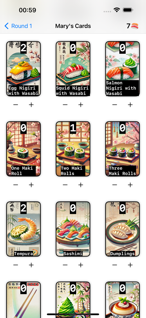 Sushi Go Score Tracker - Mobile app screen showing sushi cards with counters for score tracking in a board game.