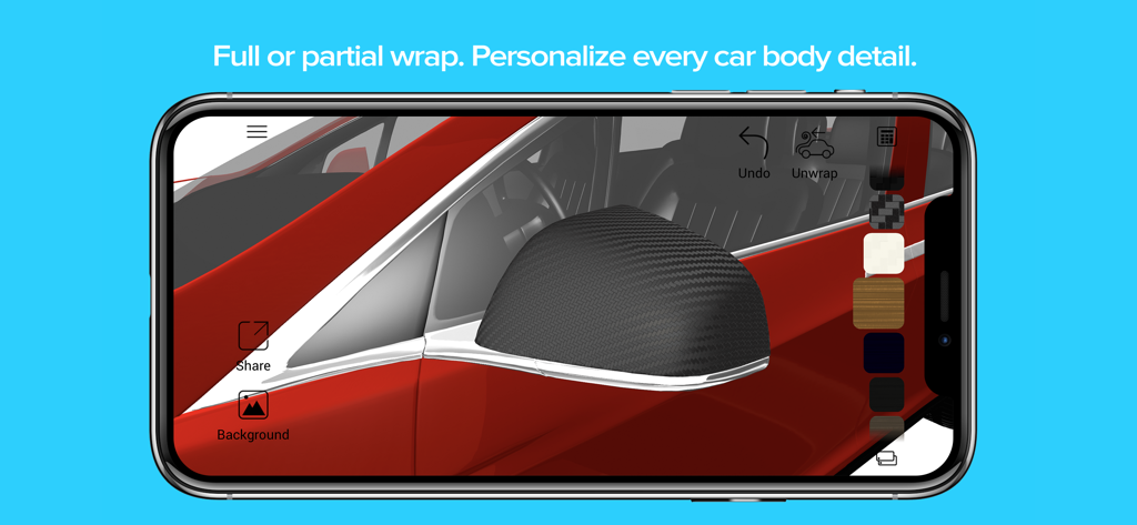 Interface of the Car Wrapper 3D app showing a carbon fiber material applied to a car side mirror