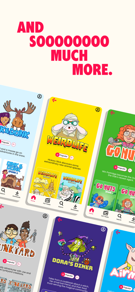 A showcase of multiple colorful story series in the Sooper Books app including Weirdlife and Dora's Diner.