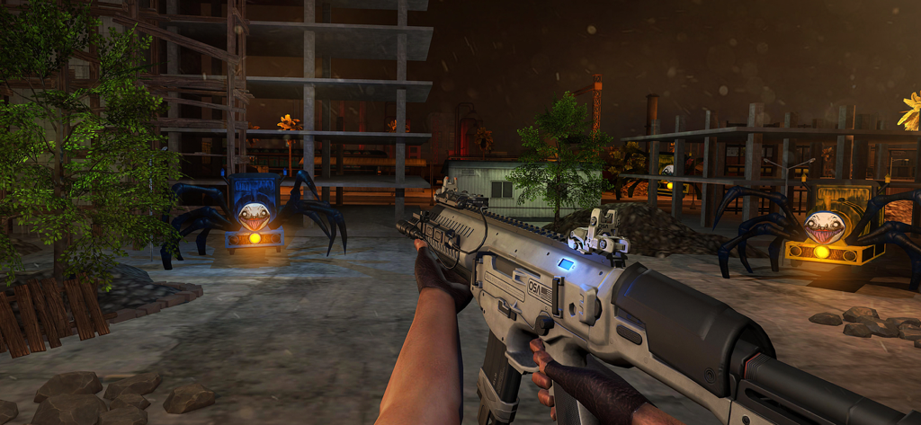 First person perspective of a player holding a rifle and aiming at two monster spider trains in a dark construction site