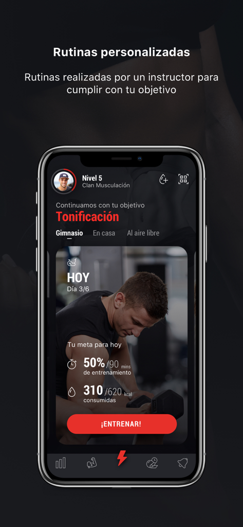 BH GYMLOOP - Pantalla de la aplicación BH GYMLOOP que muestra rutinas de entrenamiento personalizadas y progreso diario de fitness.