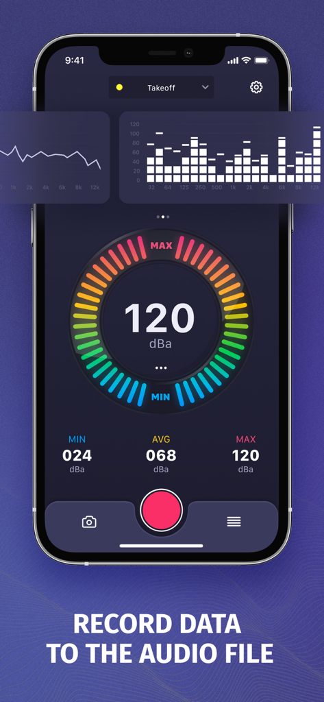 Sound Decibel Meter-NIOSH,OSHA - A smartphone displaying a sound decibel meter app interface with noise frequency charts and a record button