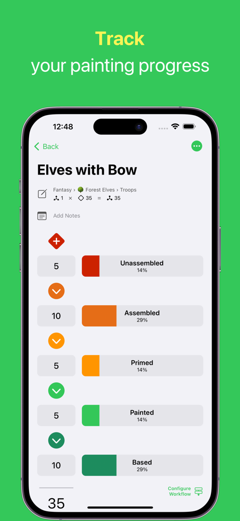 Figure Case - Hobby Progress - Screenshot dell'app Figure Case che mostra un tracker dettagliato dei progressi per la pittura di una collezione di miniature intitolata Elfi con Arco