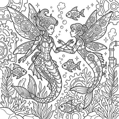 Immerse yourself in a unique realm where mythical water fairies meet intricate Steampunk machinery. This captivating coloring page offers a fantastical journey beneath the waves, blending natural elegance with industrial charm.