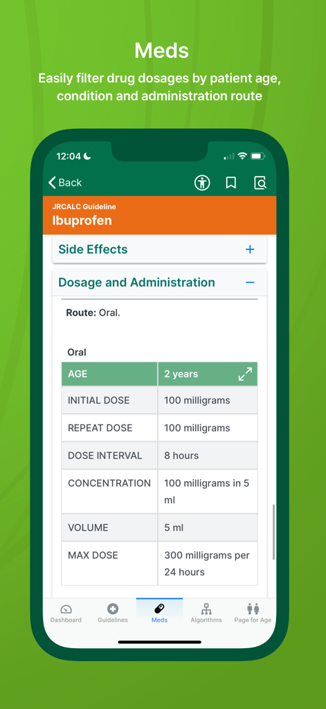 JRCALC PLUS - Ibuprofen dosage table on the JRCALC PLUS medical app interface