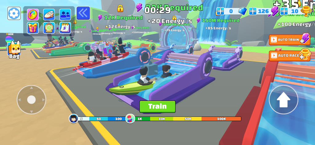 Kayak Master - Training screen in the Kayak Master mobile game showing characters in kayaks on colorful water tracks with UI elements