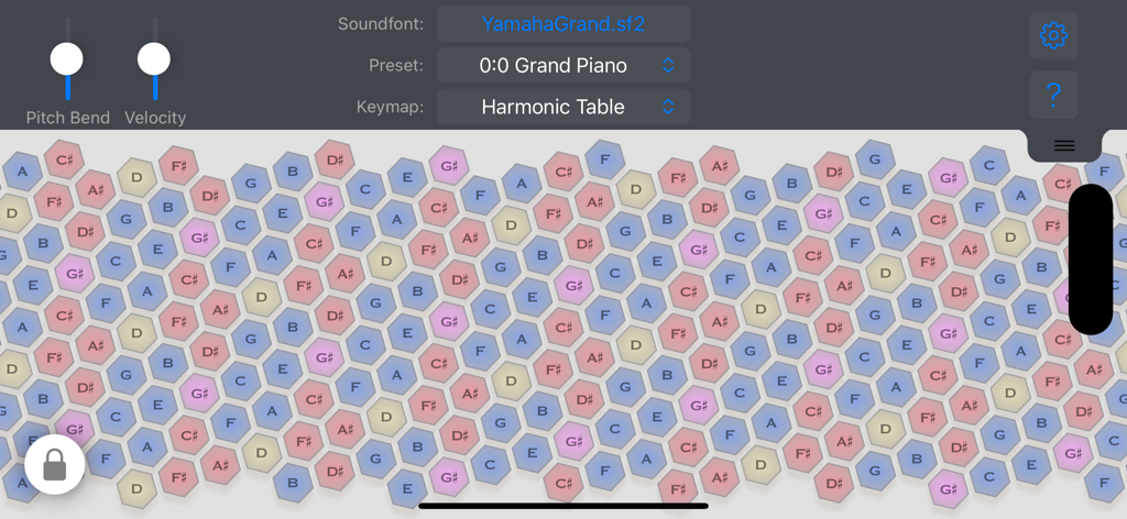Isomorphic keyboard interface with colorful hexagonal keys and harmonic table layout