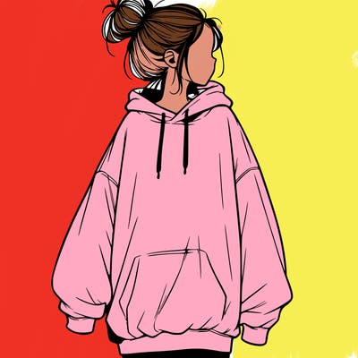 realistic girl with a oversized sweatshirt on and a bun