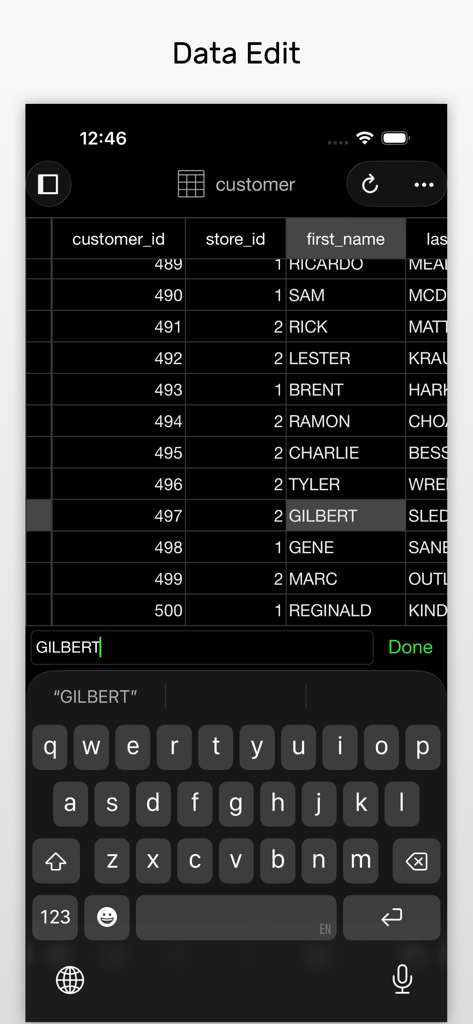 Navicat for MySQL - Mobile interface of Navicat for MySQL showing a table record being edited with the iOS keyboard.