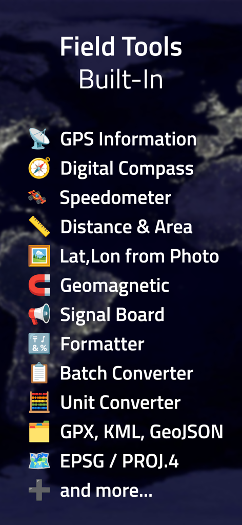 Coordinates – GPS Converter - A list of built-in professional field tools including a digital compass, speedometer, and batch coordinate converter.