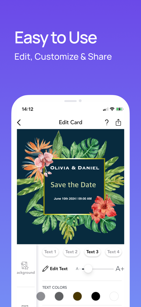 Invitation Maker |Card Creator - Tela do aplicativo móvel mostrando a interface de edição para um cartão de 'Salve a Data' com flores tropicais e ferramentas de personalização de texto.
