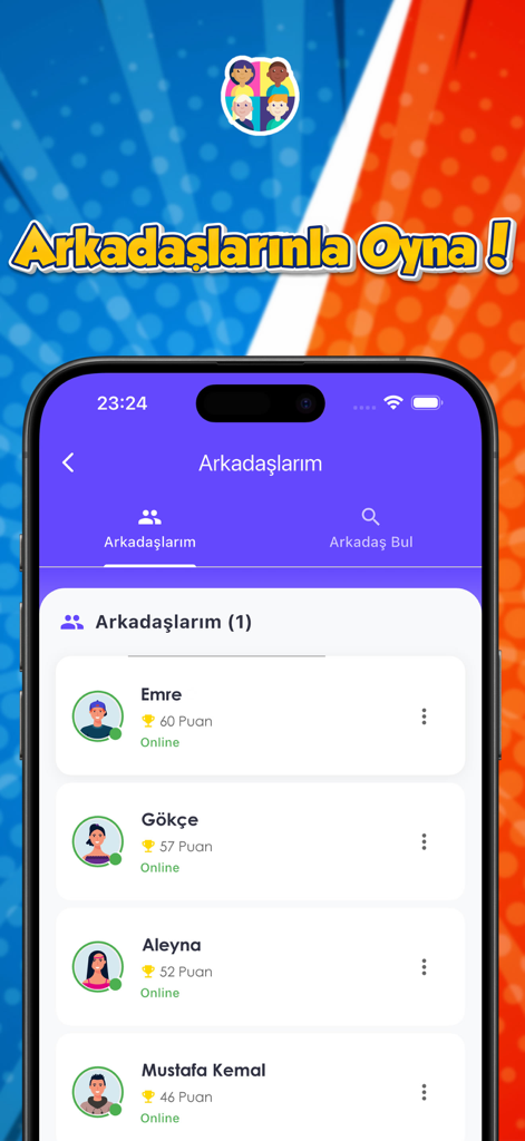 A mobile app screen showing a list of friends with their scores and online status for the Duello word game.