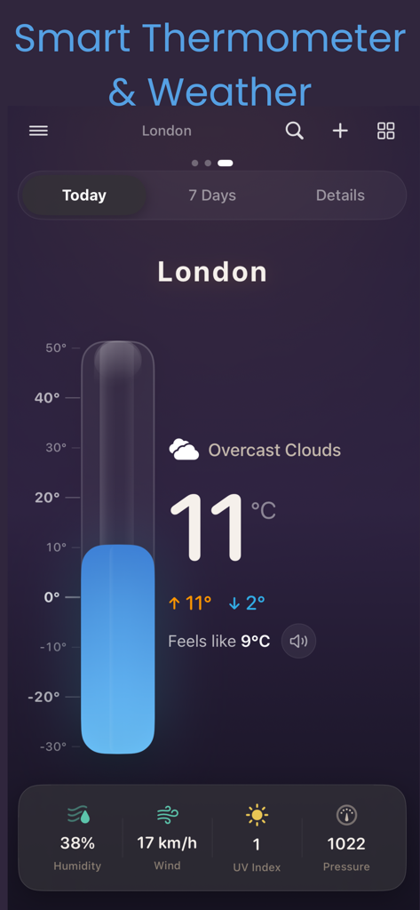 Thermometer -Temperature Today - Smart thermometer app screen showing 11 degrees Celsius humidity and wind speed in London