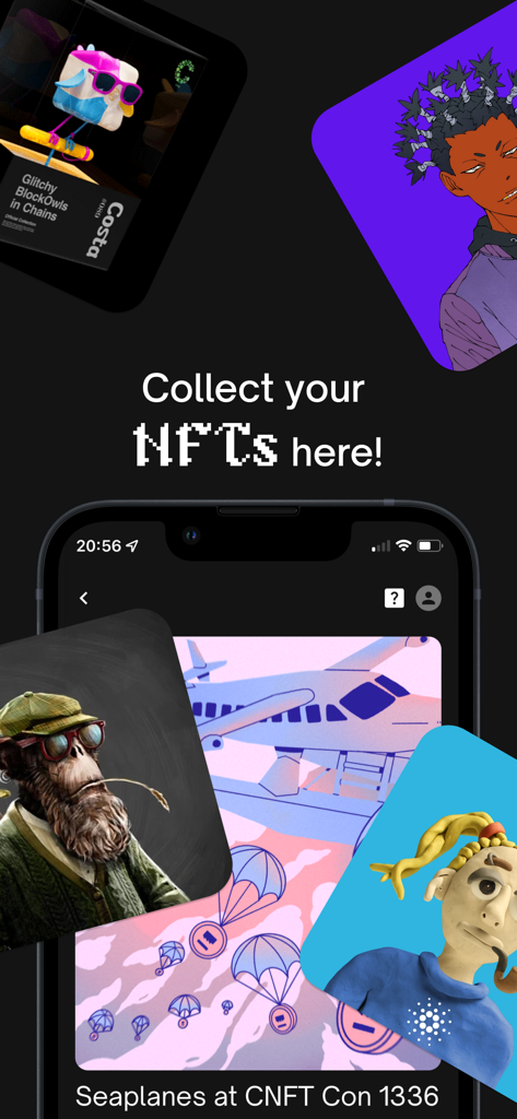 Begin: Bitcoin Cardano Solana - Begin wallet mobile app screen showing a digital NFT art collection with the text Collect your NFTs here.