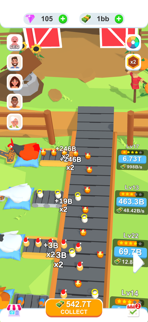 Idle Egg Factory 3D - A screenshot of Idle Egg Factory 3D gameplay showing various eggs on a conveyor belt with factory upgrades