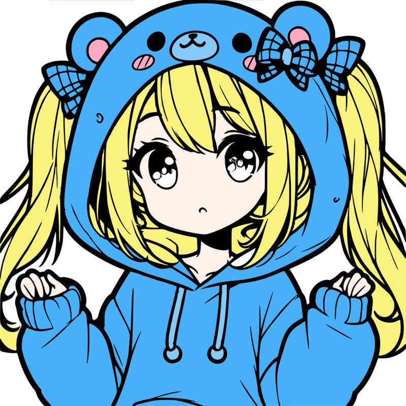 cute anime girl with ponytails and a cute bear hoodie