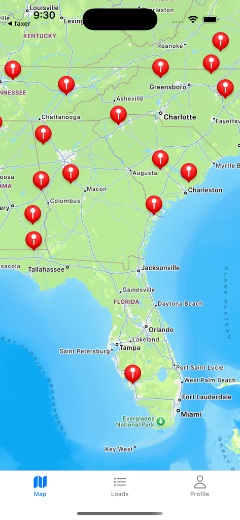 Freight Finder - Freight Finder App Kartenoberfläche zeigt verfügbare Ladungen mit roten Stecknadeln im Südosten der Vereinigten Staaten