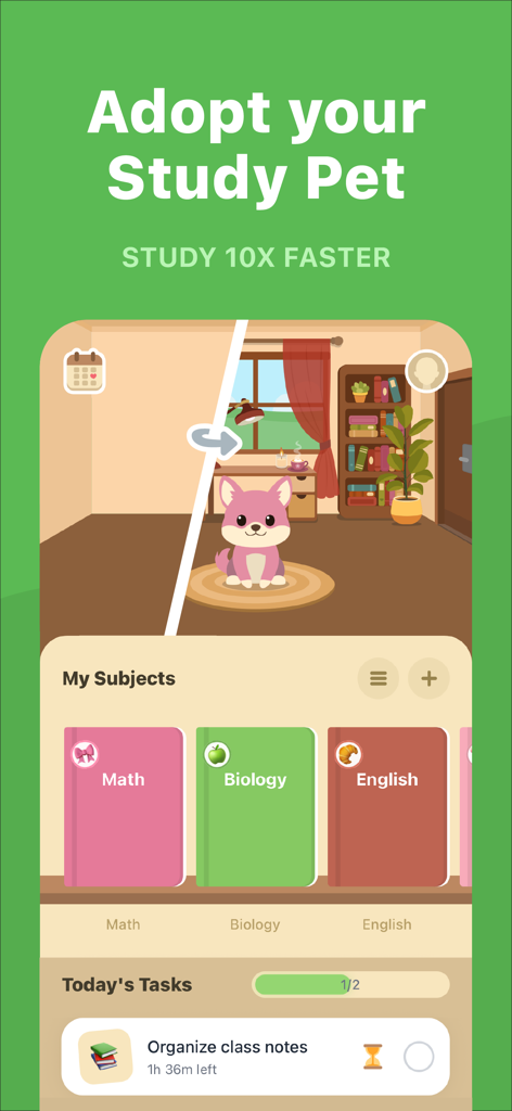 StudyPet interface with a cute pink pet in a cozy room and colorful subject notebooks.